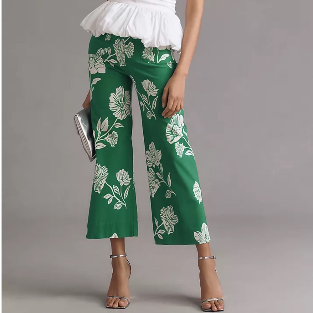 Maeve Anthropologie The Colette Cropped Wide-Leg Pants Green Floral 25